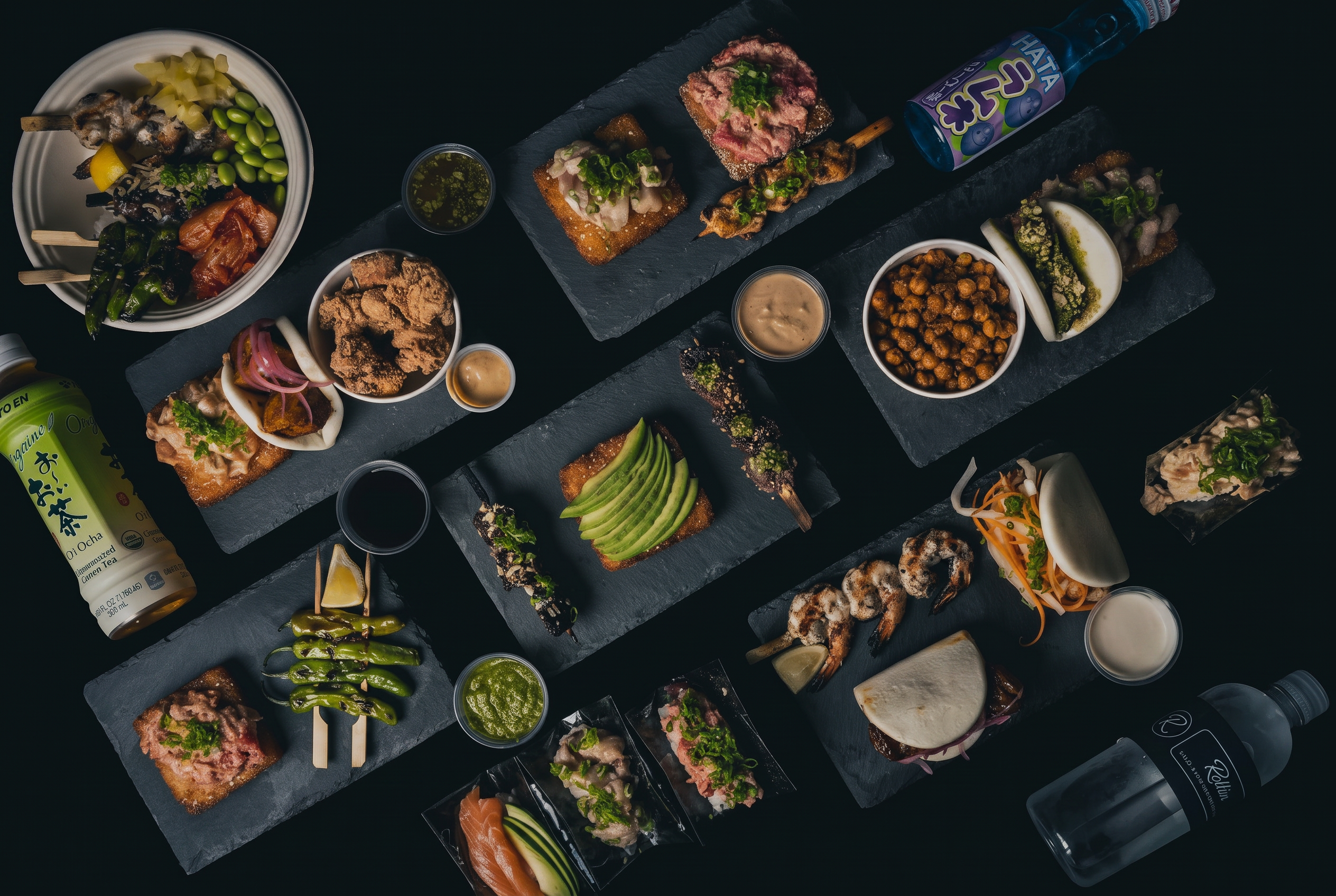 Overhead spread of Rollin bao buns, hand rolls, crispy rice and robata skewers